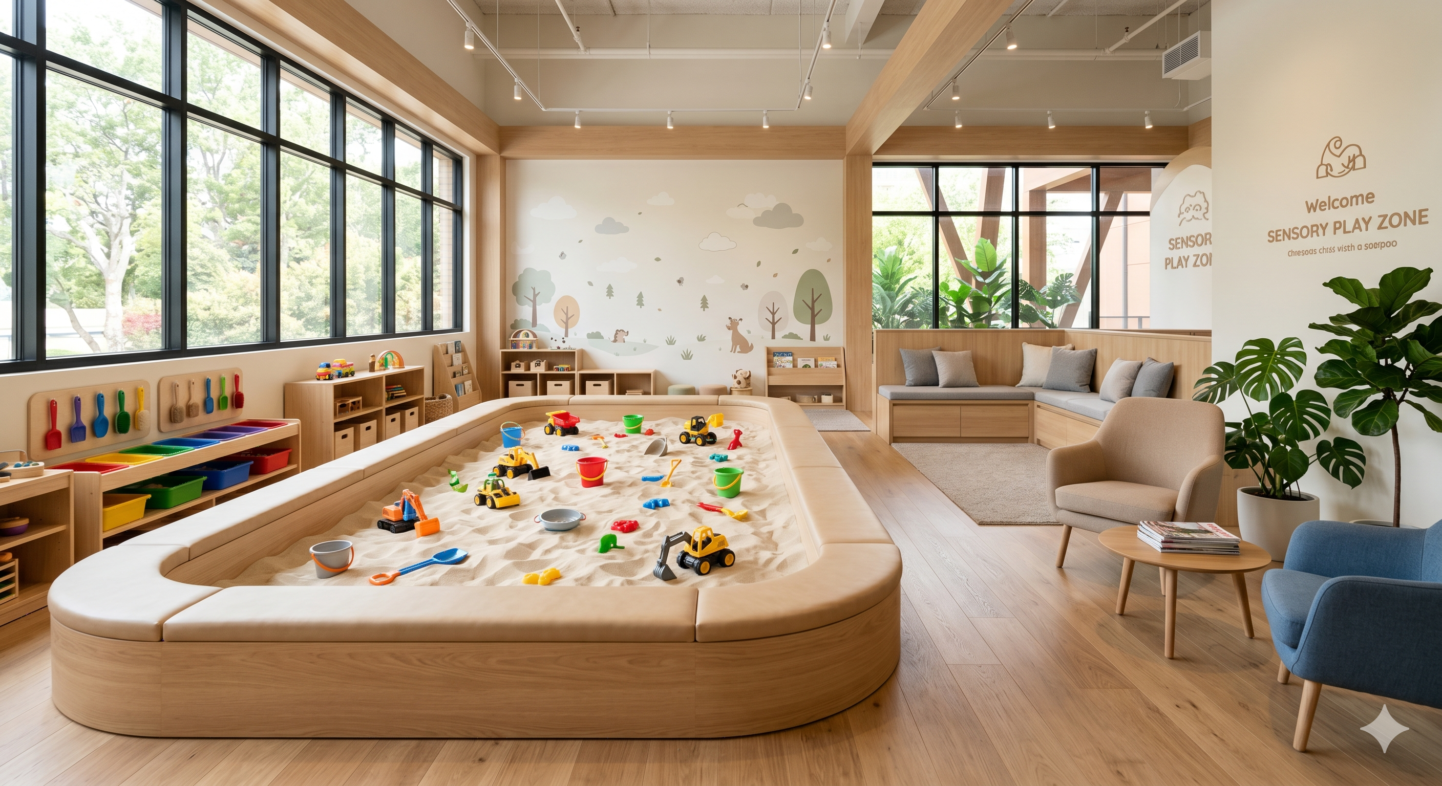 A bright, welcoming indoor sensory sandbox play zone with sand, toys, and seating for parents